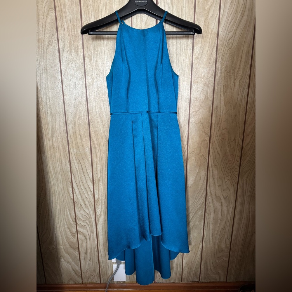 Aidan by Aidan Mattox peacock blue textured high Lo halter semi formal dress